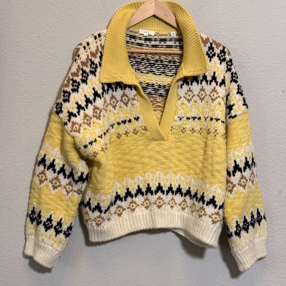 A.L.C. Fair Isle Polo Sweater 100% Merino Wool Womens L Yellow Chunky Knit